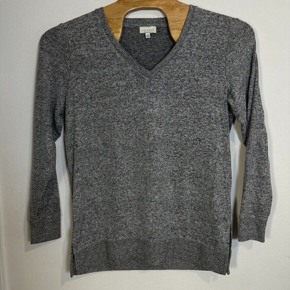 Lucky Brand Sweater Womens Size Large Gray V-Neck Side Slit Long Sleeve Pullover